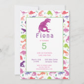 ガールズパープルピンク恐竜誕生日招待状 (正面)