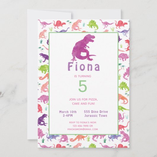 ガールズパープルピンク恐竜誕生日招待状 (正面)
