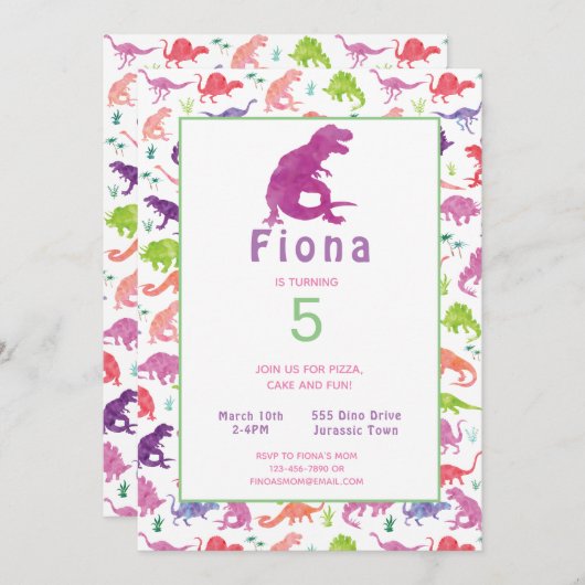 ガールズパープルピンク恐竜誕生日招待状 (正面/裏面)