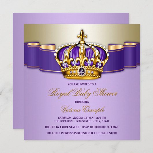 ガールズパープル金ゴールド王室のベビーシャワー 招待状 (正面/裏面)