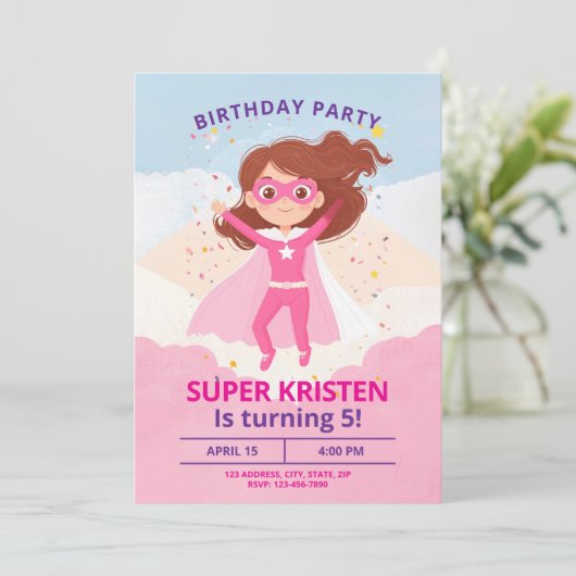 ガールズヒーローすごい誕生日招待状 – 編集可能 招待状 (スタンド正面)