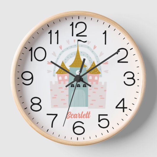 ガールズピンクかわいいプリンセス城パーソナライズされた名 壁時計 (正面)