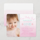 ガールズピンクとティール（緑がかった色）ブルーファースト誕生日パーティー 招待状 (正面/裏面)