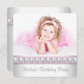 ガールズピンクの写真の誕生日パーティー 招待状 (正面/裏面)