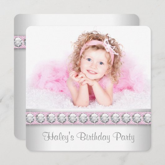 ガールズピンクの写真の誕生日パーティー 招待状 (正面/裏面)