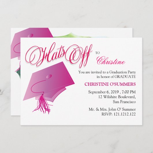 ガールズピンクの卒業パーティー招待状 招待状 (正面/裏面)