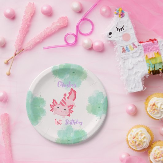 ガールズピンクアクソロトル1st誕生日パーティの招待状 ペーパープレート (パーティー)