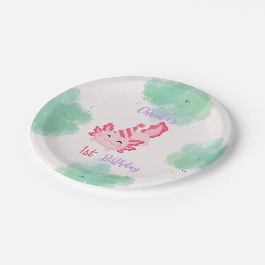 ガールズピンクアクソロトル1st誕生日パーティの招待状 ペーパープレート (アングル)