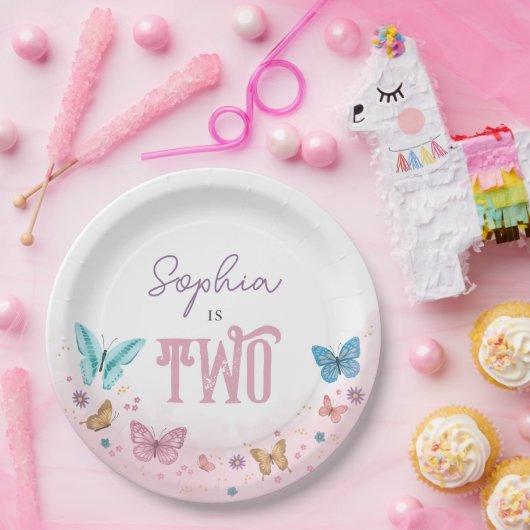 ガールズピンクウォーターカラーバタフライキュート子供の誕生日 ペーパープレート (パーティー)