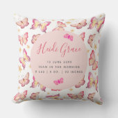 ガールズピンクウォーターカラーバタフライフローラ誕生統計 クッション (正面)