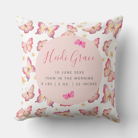 ガールズピンクウォーターカラーバタフライフローラ誕生統計 クッション (正面)