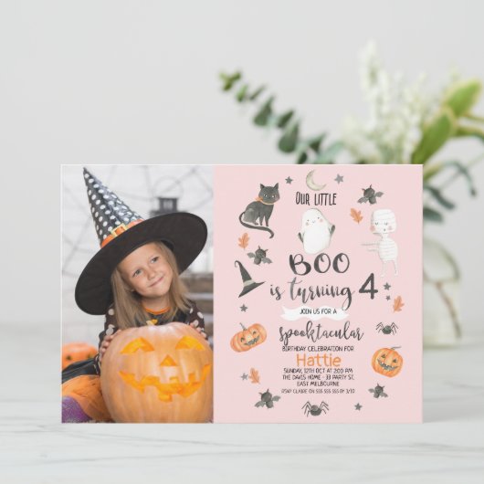 ガールズピンクオレンジグレーフォトハロウィーン誕生日  招待状 (スタンド正面)