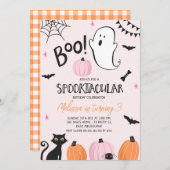 ガールズピンクオレンジブラックブーブハロウィーン誕生日 招待状 (正面/裏面)