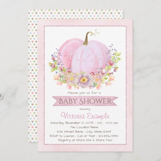 ガールズピンクカボチャベビーシャワー招待状 招待状 (正面/裏面)