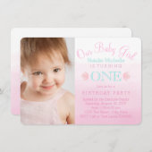 ガールズピンクグラデーションの最初の誕生日パーティー 招待状 (正面/裏面)