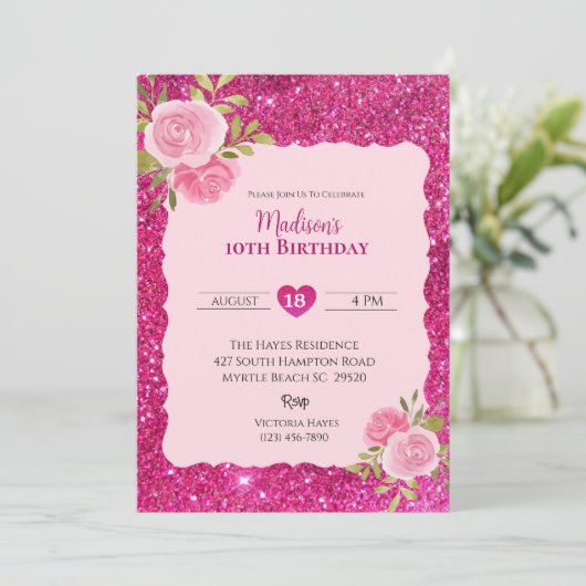 ガールズピンクグリッターフローラ10thバースデーパーティー 招待状 (スタンド正面)