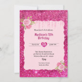 ガールズピンクグリッターフローラ10thバースデーパーティー 招待状 (正面)