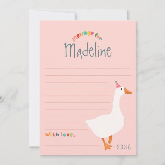 ガールズピンクグースファースト誕生日タイムカプセルカード 招待状 (正面)