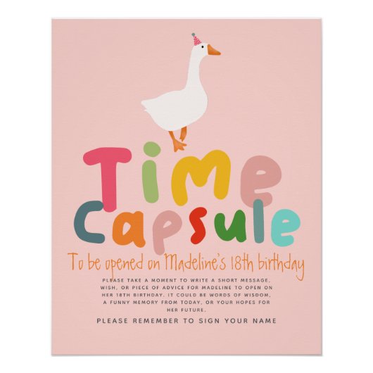 ガールズピンクグースファースト誕生日タイムカプセルサイン ポスター (正面)