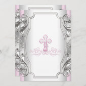 ガールズピンクシルバークロスガールバプテスマ《キリスト教》洗礼式や命名式 招待状 (正面/裏面)