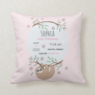 ガールズピンクスリーピングスロース誕生統計子供部屋 クッション