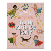 ガールズピンクスーパーヒーロー子供の誕生日ウェルカムサイン ポスター (正面)