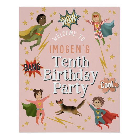 ガールズピンクスーパーヒーロー子供の誕生日ウェルカムサイン ポスター (正面)