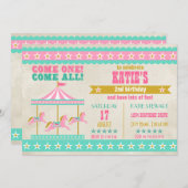 ガールズピンクターコイズ金ゴールド回転木馬パーティー 招待状 (正面/裏面)