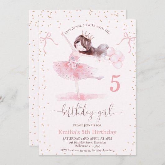 ガールズピンクダンストゥウィルと誕生日ガール誕生日 招待状 (正面/裏面)