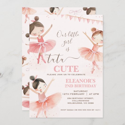 ガールズピンクツチュバレリーナ2nd誕生日 招待状 (正面/裏面)