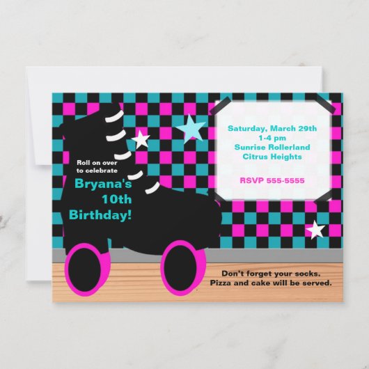 ガールズピンクティール（緑がかった色）スケートで滑るスケートパーティの招待状 招待状 (正面)