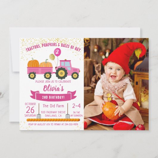 ガールズピンクトラクターカボチャ秋誕生日写真 招待状 (正面)
