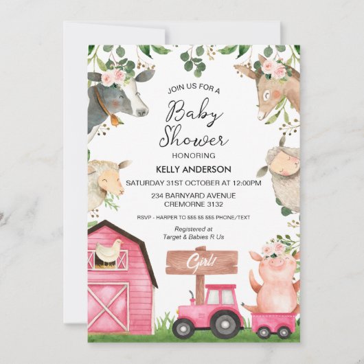ガールズピンクトラクターバーンファームベビーシャワー 招待状 (正面)