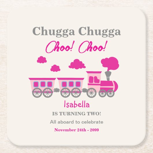 ガールズピンクトレイン2nd誕生日パーティー スクエアペーパーコースター (正面)