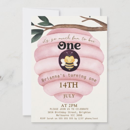 ガールズピンクハイブビーをテーマにした第1誕生日 招待状 (正面)