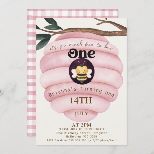 ガールズピンクハイブビーをテーマにした第1誕生日 招待状 (正面/裏面)