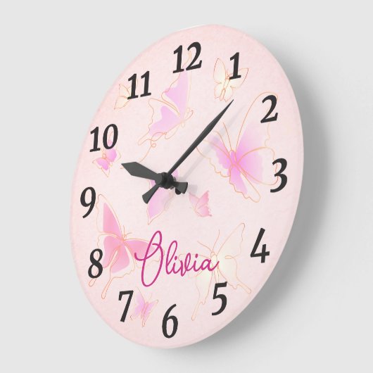 ガールズピンクバタフライキッズ子供部屋ラウンドクロック ラージ壁時計 (傾斜)