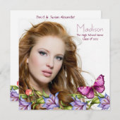 ガールズピンクバタフライワイルドフラワーフォト卒業 招待状 (正面/裏面)