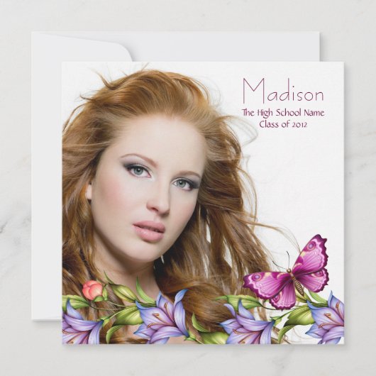 ガールズピンクバタフライワイルドフラワーフォト卒業 招待状 (正面)