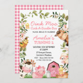 ガールズピンクバーンファームアニマルズフリージ誕生日 招待状 (正面/裏面)