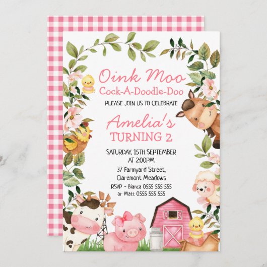 ガールズピンクバーンファームアニマルズフリージ誕生日  招待状 (正面/裏面)