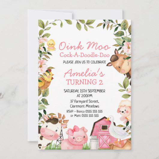 ガールズピンクバーンファームダックリーフ誕生日 招待状 (正面)