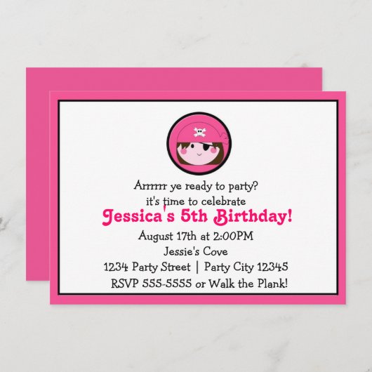 ガールズピンクパイレーツブラウンヘア誕生日招待状 招待状 (正面/裏面)