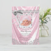 ガールズピンクフォトバプテスマ《キリスト教》洗礼式や命名式サテングリッター 招待状 (スタンド正面)