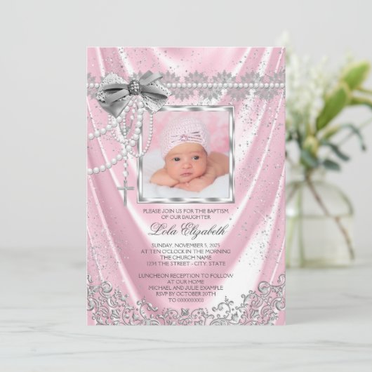 ガールズピンクフォトバプテスマ《キリスト教》洗礼式や命名式サテングリッター 招待状 (スタンド正面)