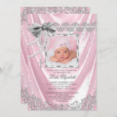ガールズピンクフォトバプテスマ《キリスト教》洗礼式や命名式サテングリッター 招待状 (正面/裏面)