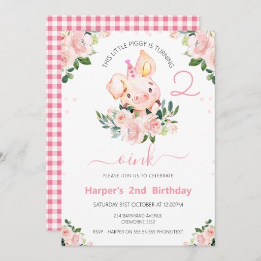 ガールズピンクフローラこの小さな豚誕生日 招待状 (正面/裏面)