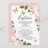 ガールズピンクフローラと金ゴールド蝶バプテスマ 招待状 (正面/裏面)