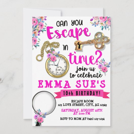 ガールズピンクフローラエスケープルーム誕生日 招待状 (正面)