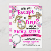 ガールズピンクフローラエスケープルーム誕生日 招待状 (正面/裏面)
